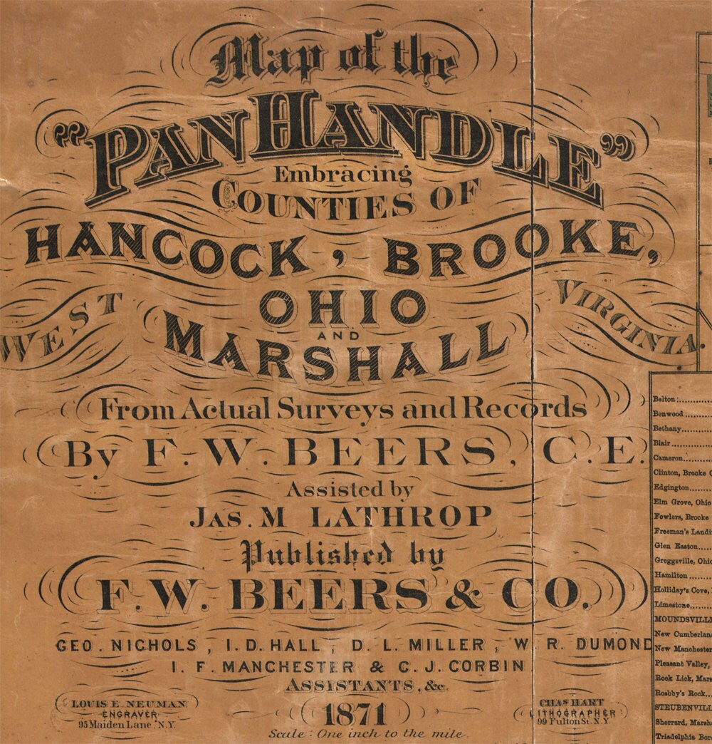 1871 Map of the Panhandle Hancock Brooke Ohio & Marshall Counties West Virginia