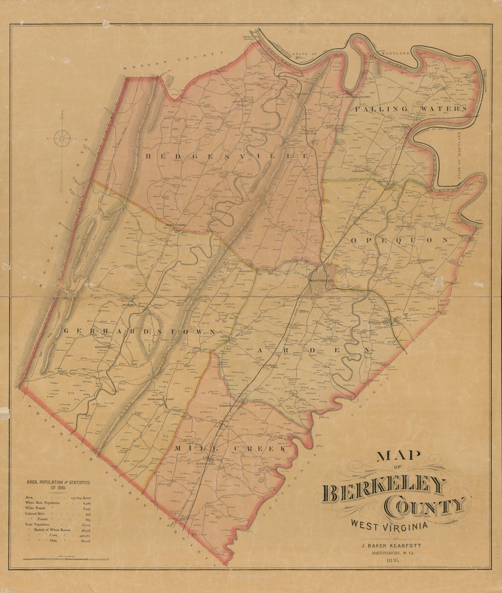 1894 Map of Berkeley County West Virginia Martinsburg