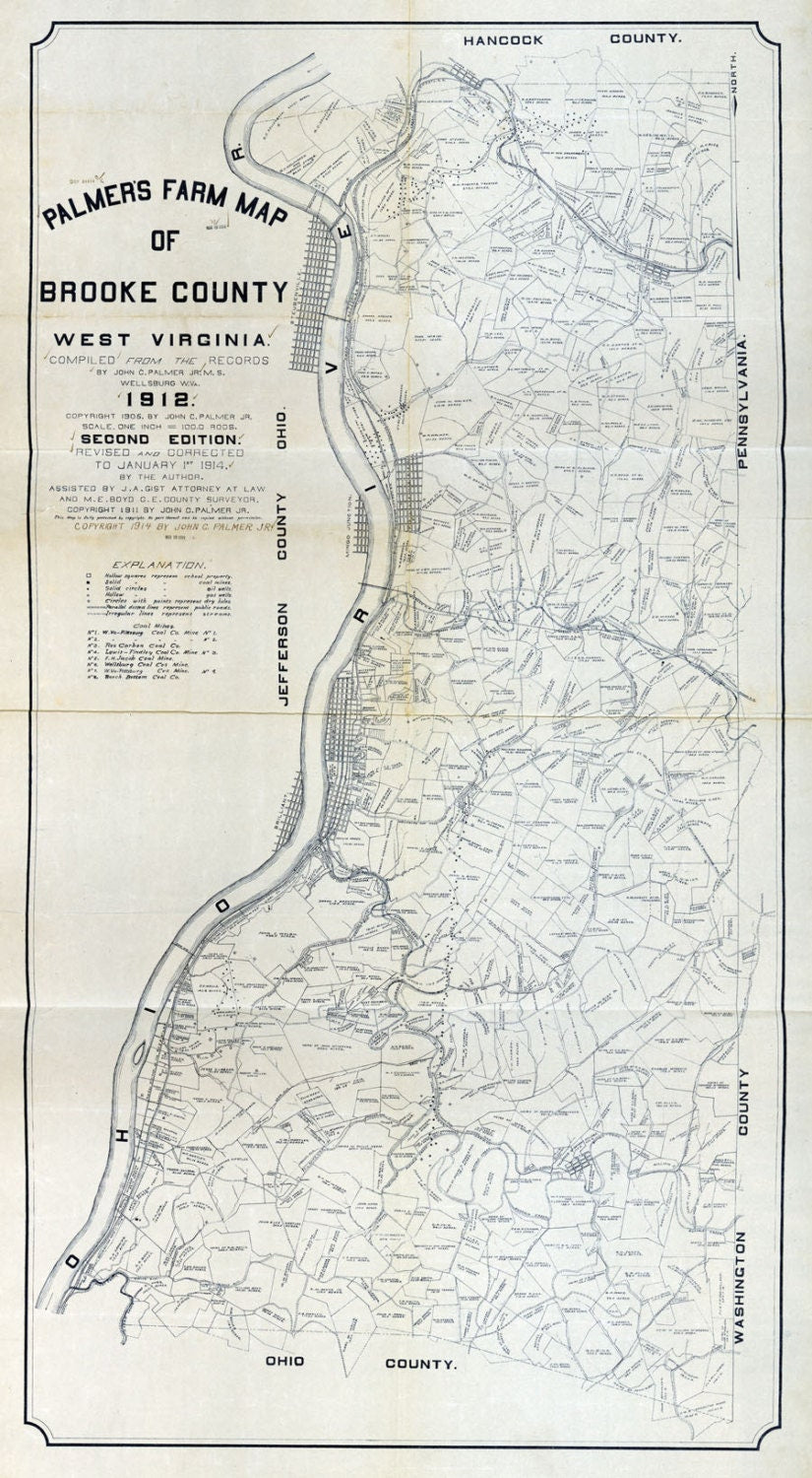 1912 Farm Line Map of Brooke County West Virginia Showing Oil & Gasl Wells Coal Mines