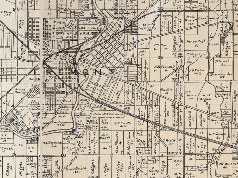 1891 Farm Line Map of Sandusky County Ohio Fremont Woodville