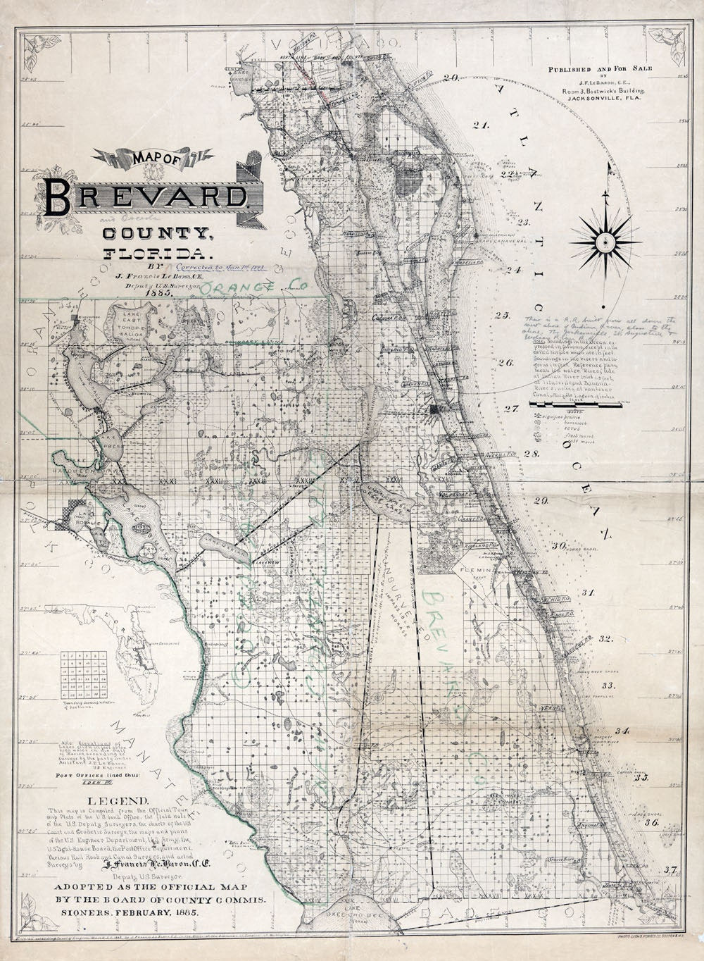 1893 Map of Brevard County Florida Cape Canaveral