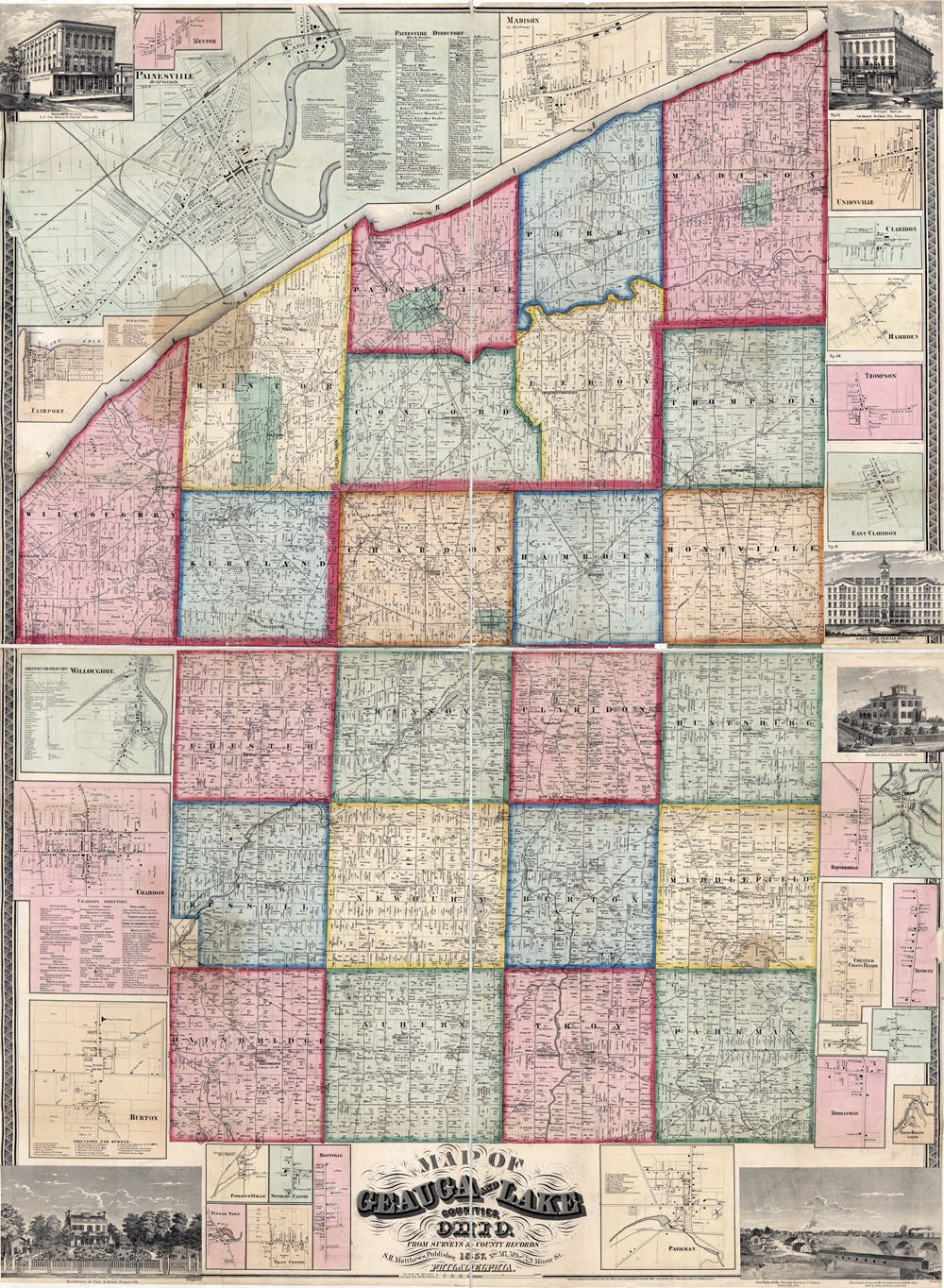 1857 Farm Line Map of Geauga and Lake County Ohio Painesville