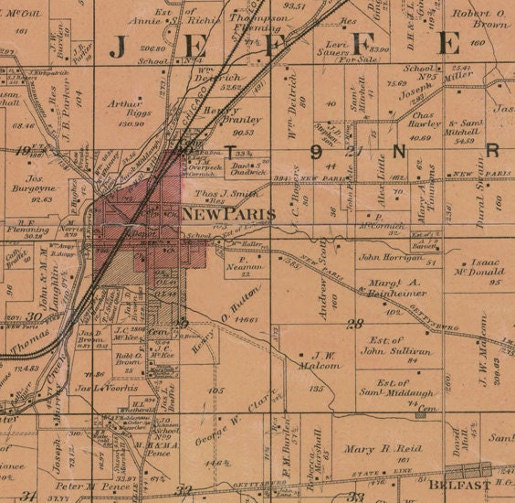 1887 Farm Line Map of Preble County Ohio Eaton