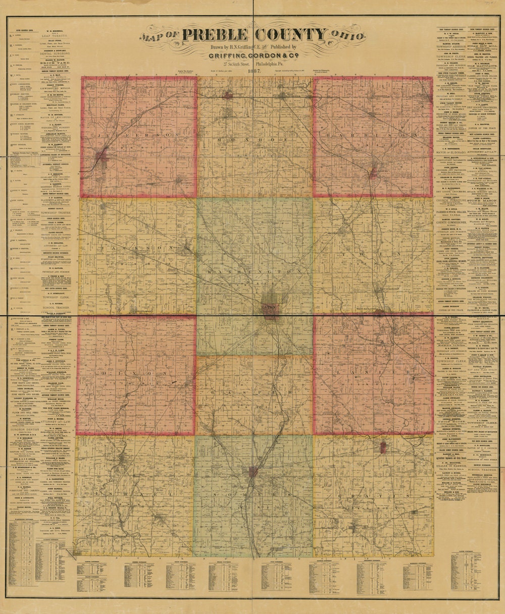 1887 Farm Line Map of Preble County Ohio Eaton