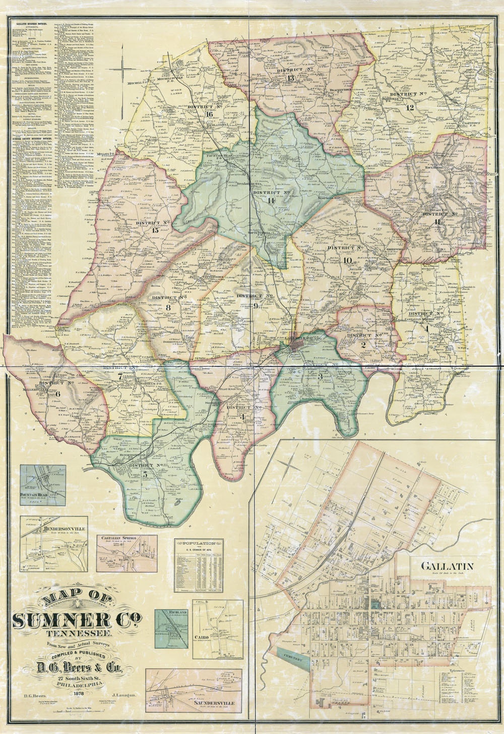 1878 Cadastral Map of Sumner County Tennessee Gallatin