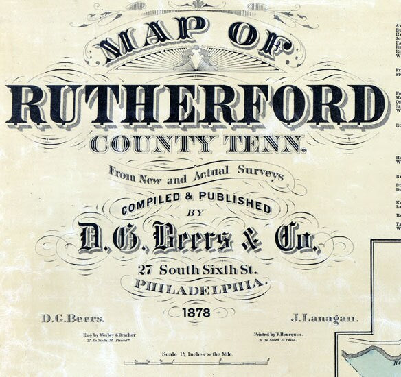 1878 Map of Rutherford County Tennessee Murfreesboro