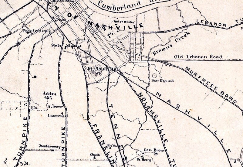 1862 Map of Nashville Tennessee area landowners