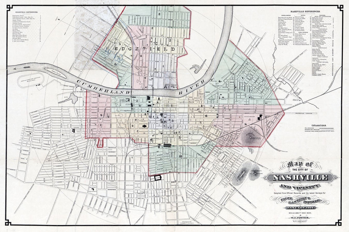 1877 Map of the City of Nashville Tennessee