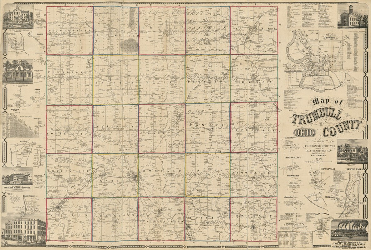 1856 Farm Line Map of Trumbull County Ohio Warren Farm Names