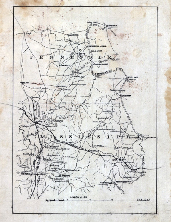 1862 Map Part of McNairy Hardin County Tennessee and Alcorn Tishomingo County Mississippi