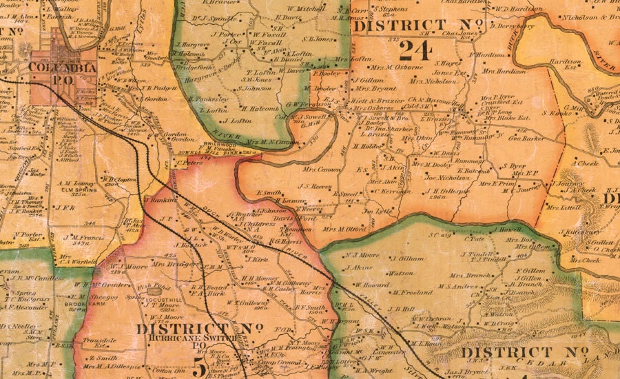 1878 Map of Maury County Tennessee Columbia