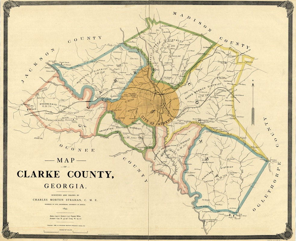 1898 Map of Clarke County Georgia Athens landowner reprint