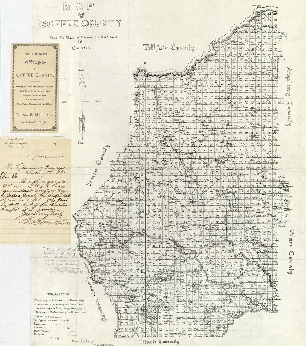 1891 Map of Coffee County Georgia landowner reprint