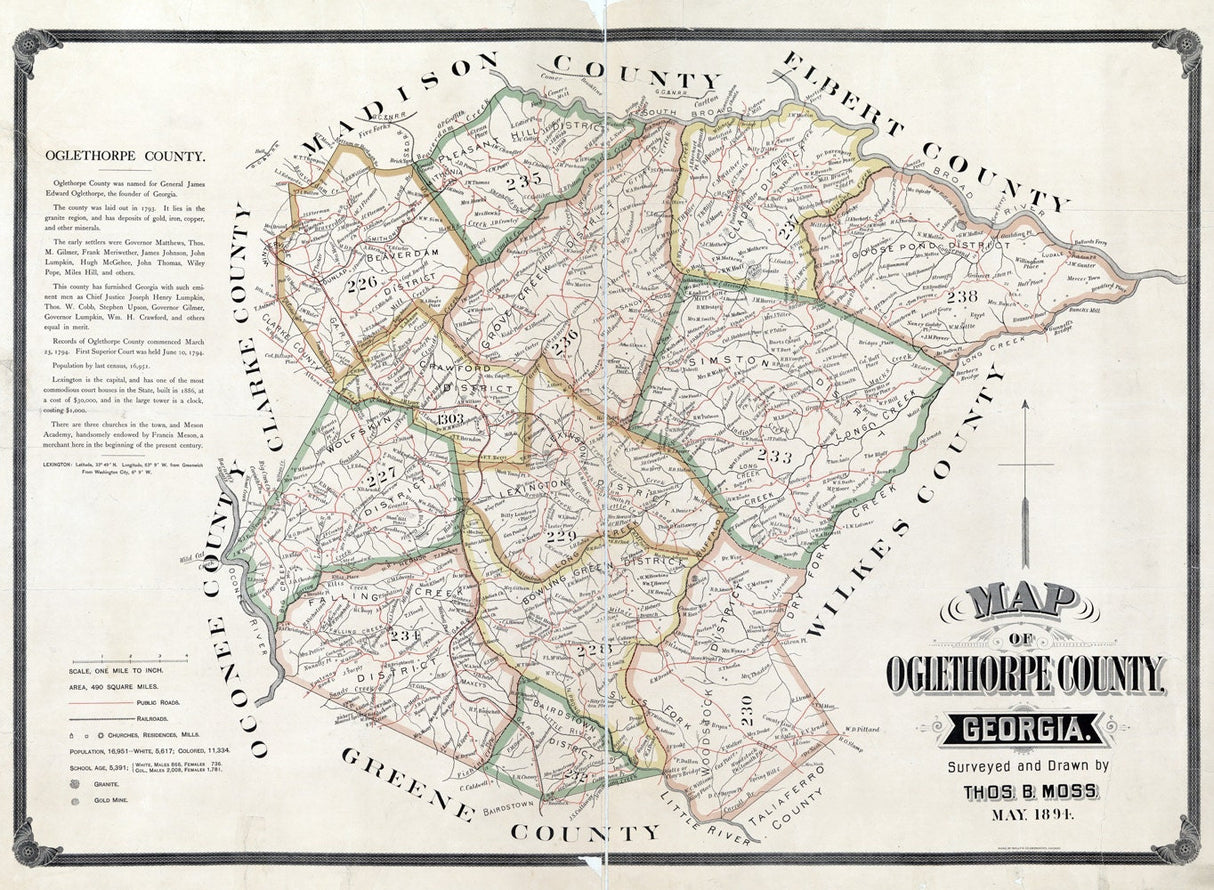 1894 Map of Oglethorpe County Georgia Lexington landowner reprint