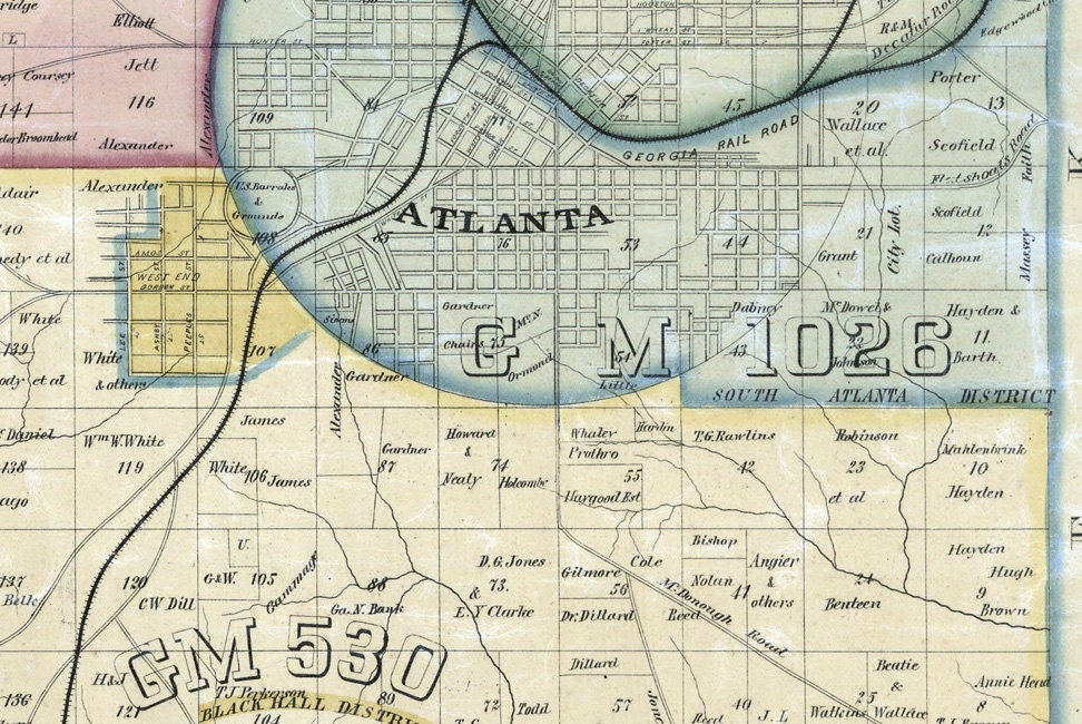 1893 Map of Fulton County Georgia Atlanta landowner reprint
