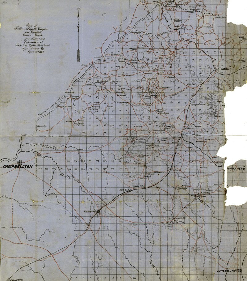 1864 Map of Part of Fulton Fayette Clayton and Campbell County Georgia Reproduction