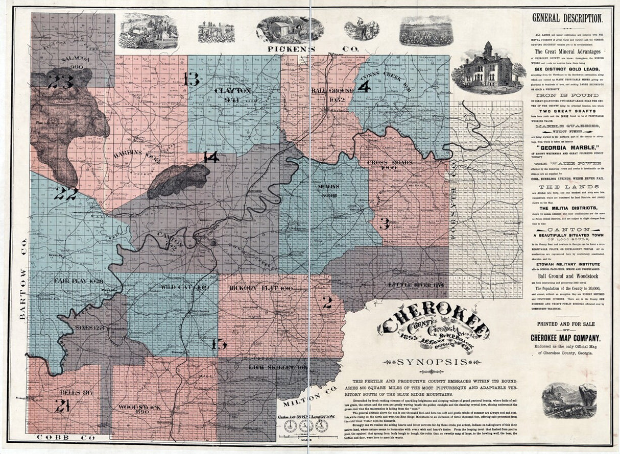 1895 Map of Cherokee County Georgia landowner reprint