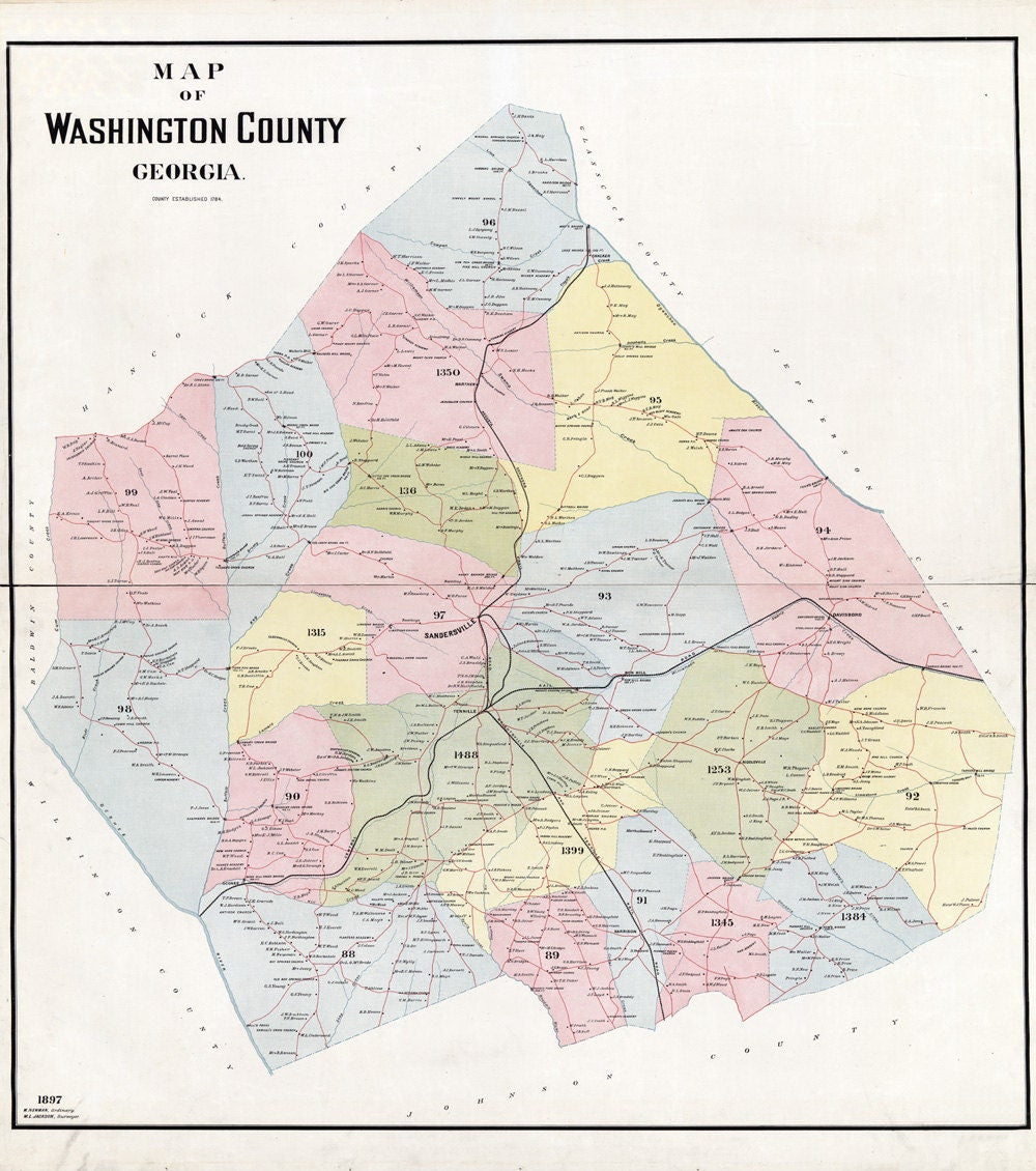 1897 Map of Washington County Georgia Sandersville landowner reprint