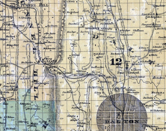 1879 Map of Whitfield County Georgia Dalton Landowner reprint