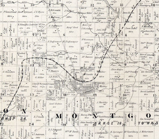 1861 Farm Line Map of Ashland County Ohio Loudenville Ashland landowners reprint