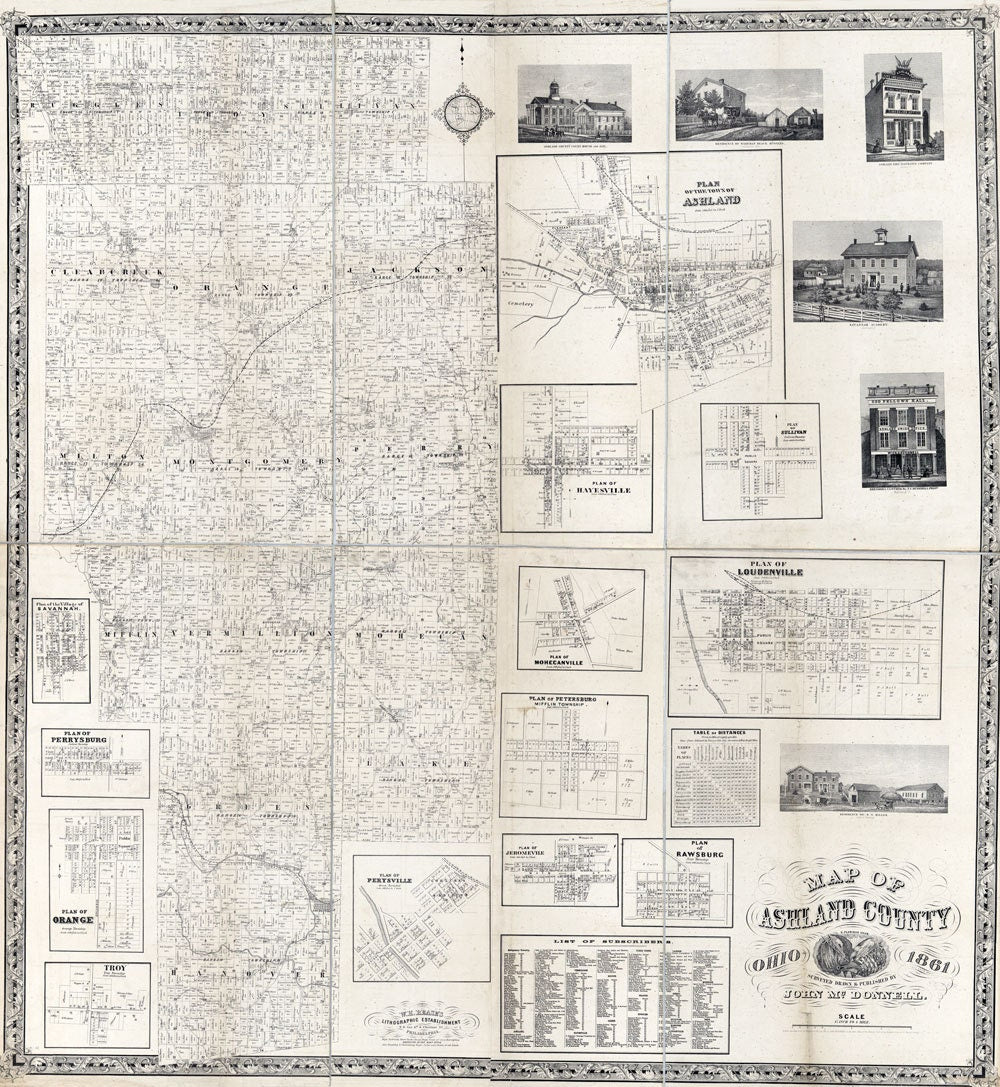 1861 Farm Line Map of Ashland County Ohio Loudenville Ashland landowners reprint