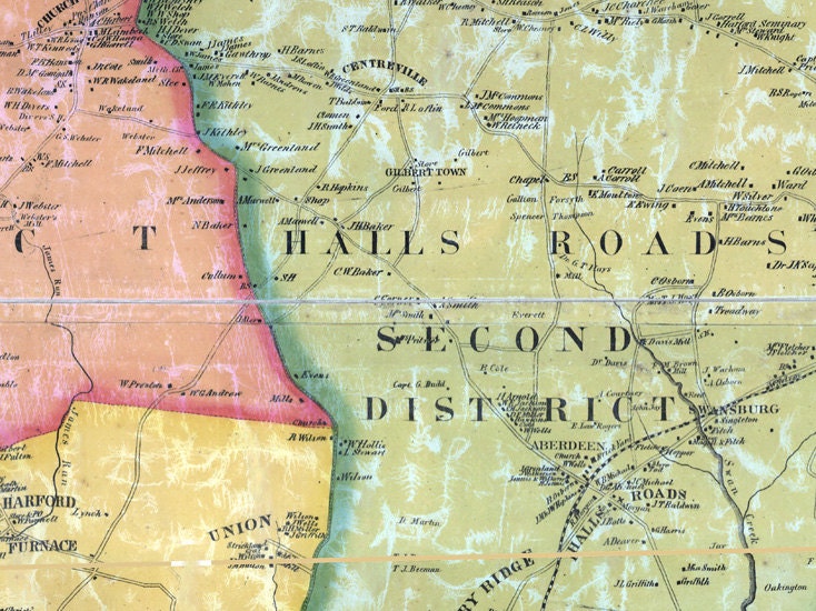 1858 Map of Harford County Maryland with Homeowner Names