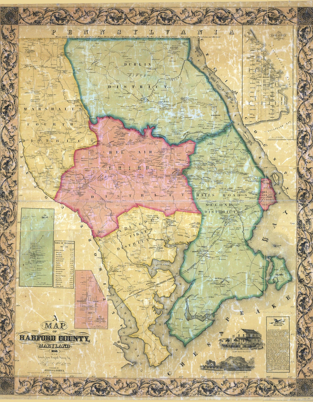 1858 Map of Harford County Maryland with Homeowner Names