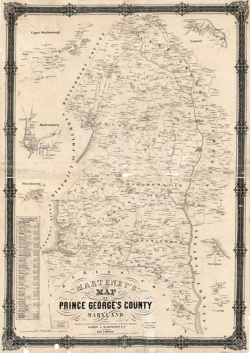 1861 Map of Prince George's County Maryland Upper Marlborough Homeowner Names