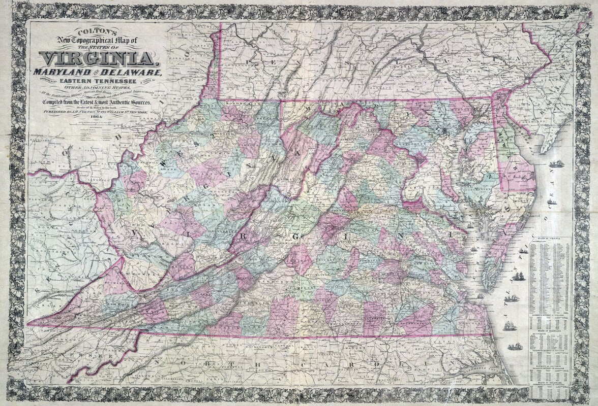 1864 Colton's Map of the States of Virginia Maryland & Delaware