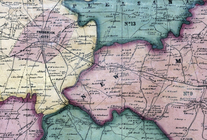 1858 Map of Frederick County Maryland Frederick City with Homeowner Names
