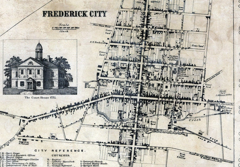 1858 Map of Frederick County Maryland Frederick City with Homeowner Names