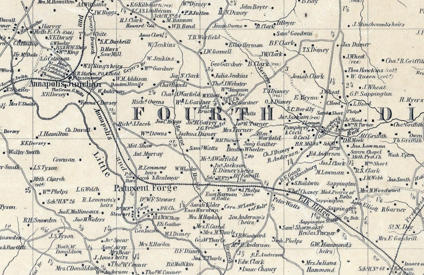 1860 Map of Anne Arundel County Maryland with Homeowner Names