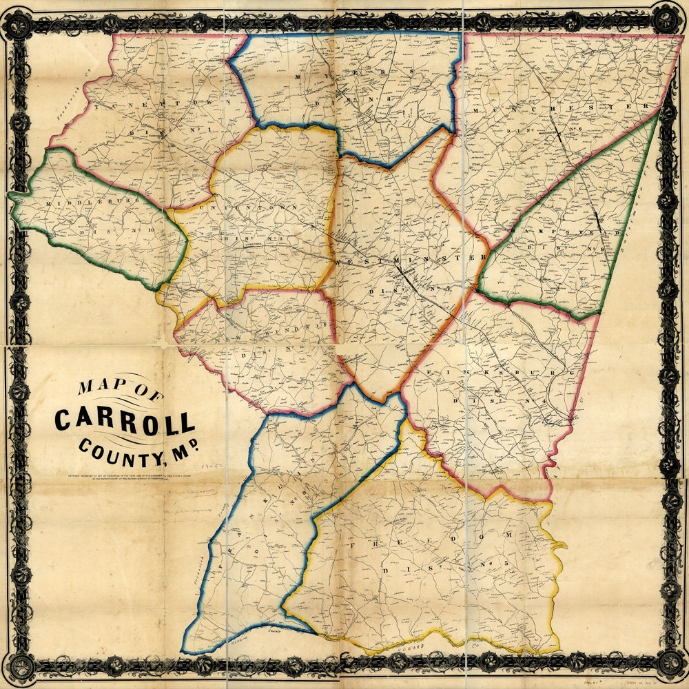 1863 Map of Carroll County Maryland with Homeowner Names