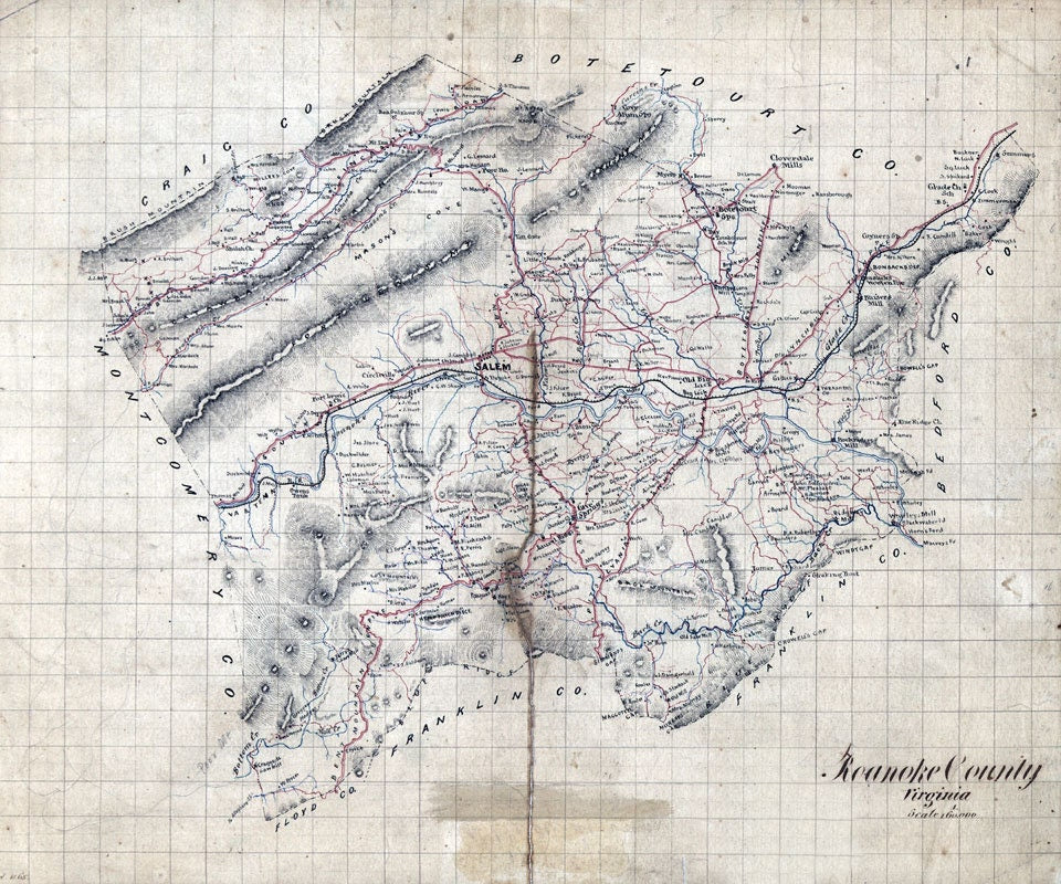 1860 Map of Roanoke County Virginia Family Names