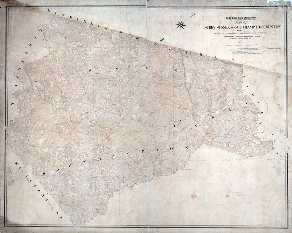 1863 Map of Surry Sussex & Southampton County Virginia Family Names Genealogy