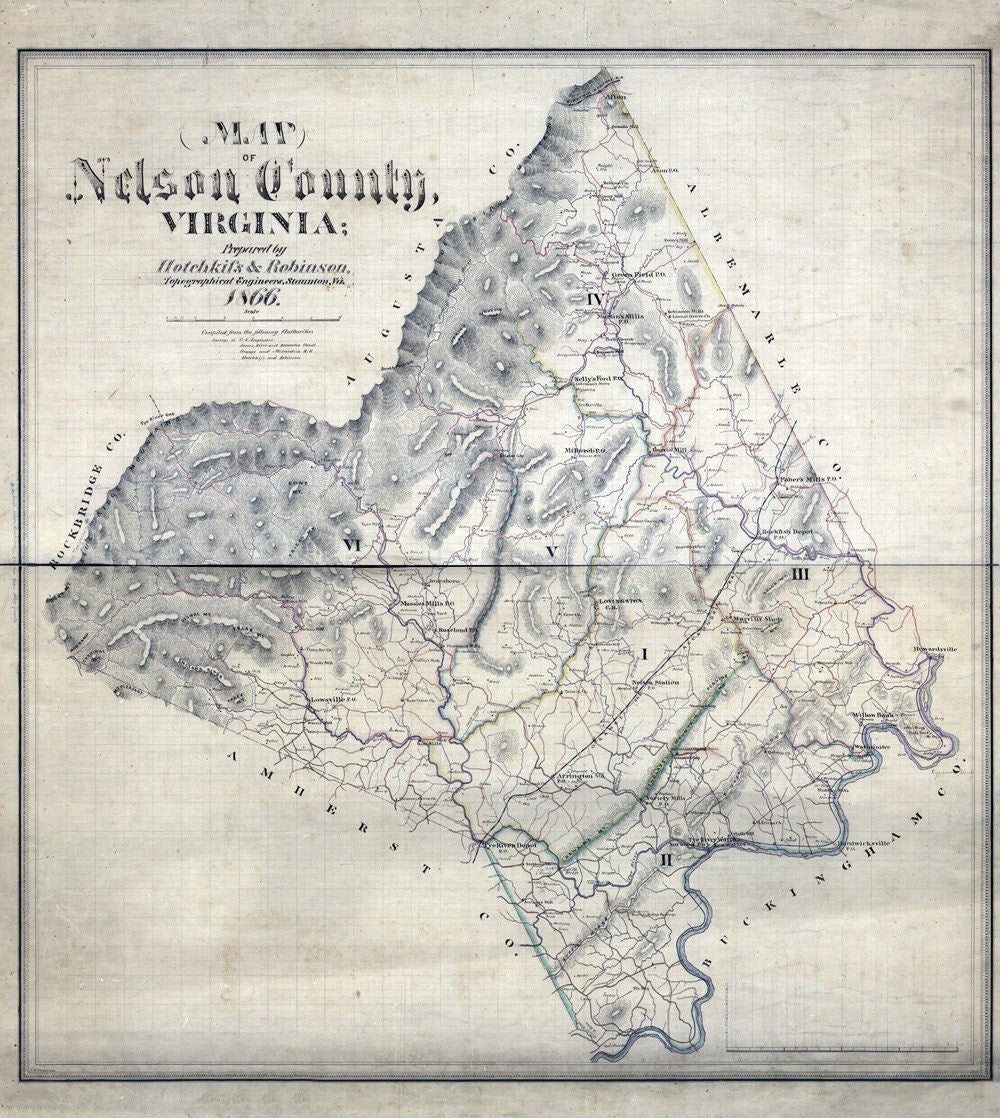 1866 Map of Nelson County Virginia Family Names Genealogy