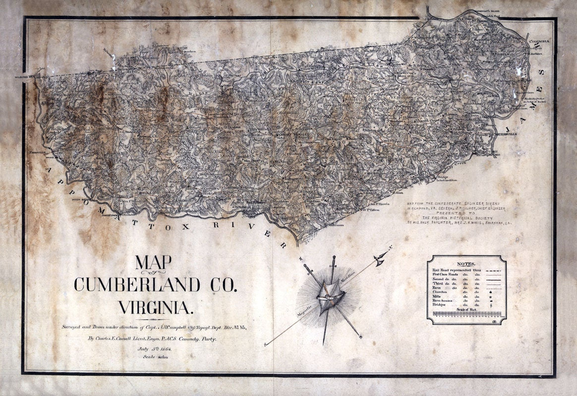 1864 Map of Cumberland County Virginia Family Names Genealogy