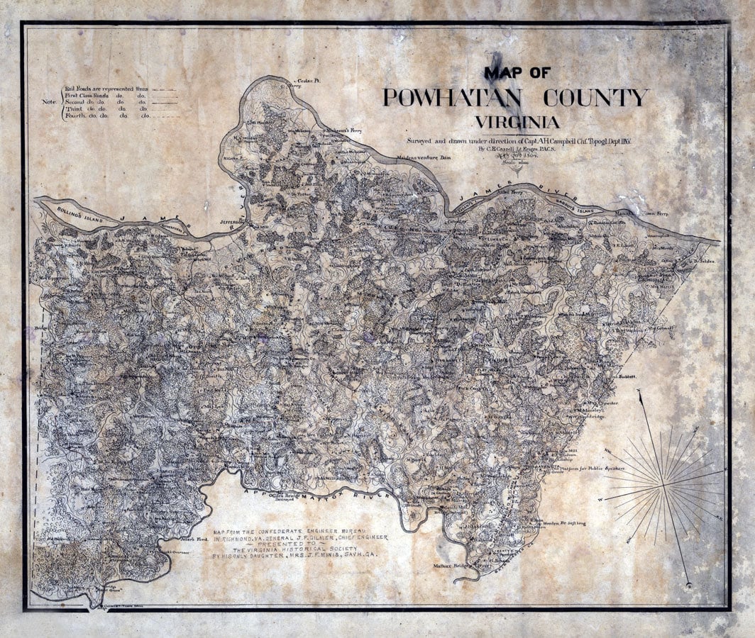 1864 Map of Powhatan County Virginia Family Names Genealogy