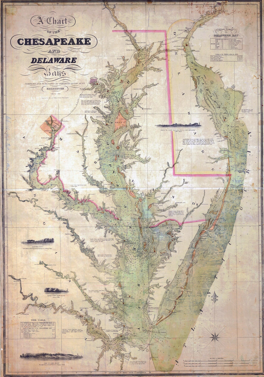 1840 Nautical Chart Map of the Chesapeake and Delaware Bays Maryland Virginia Delaware Washington DC