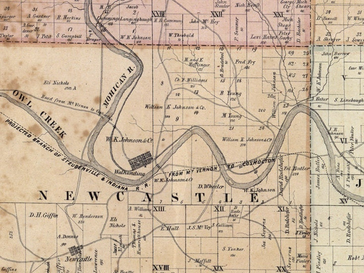 1850 Farm Line Map of Coshocton County Ohio Lewisville Farm Names