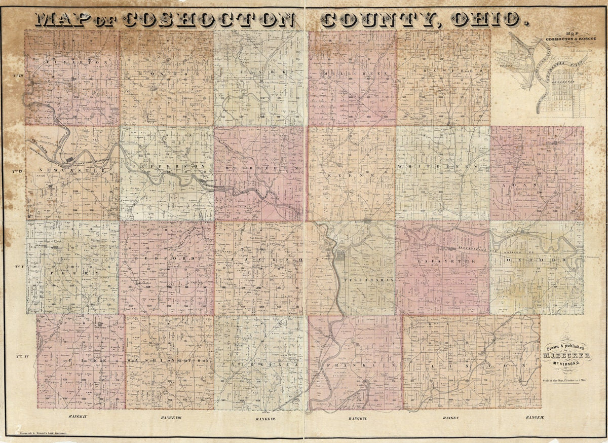 1850 Farm Line Map of Coshocton County Ohio Lewisville Farm Names
