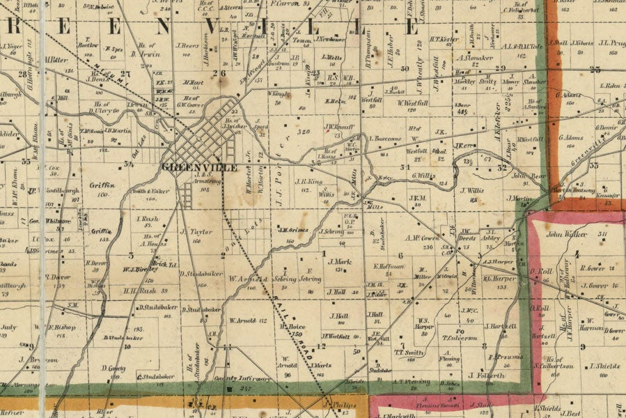 1857 Farm Line Map of Darke County Ohio Greenville