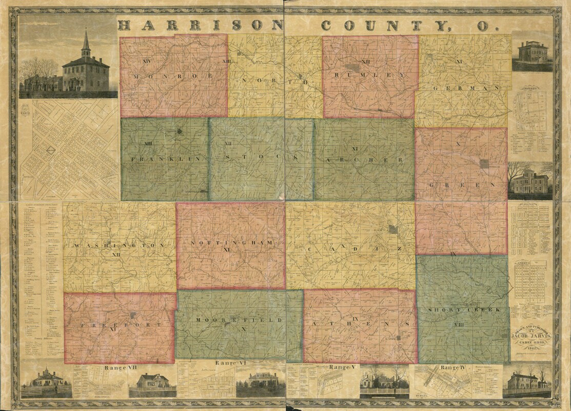 1862 Farm Line Map of Harrison County Ohio Cadiz