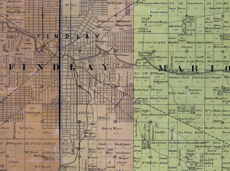 1890 Farm Line Map of Hancock County Ohio Findlay