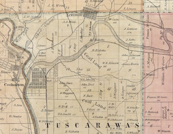 1850 Farm Line Map of Coshocton County Ohio Lewisville Farm Names