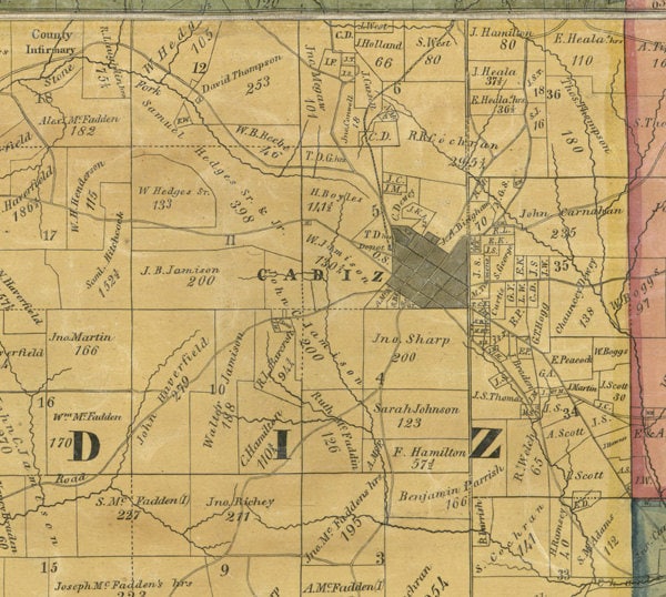 1862 Farm Line Map of Harrison County Ohio Cadiz