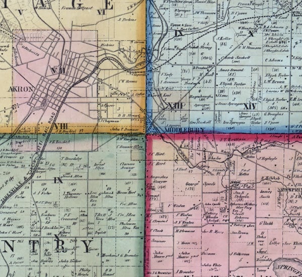 1856 Farm Line Map of Summit County Ohio Akron