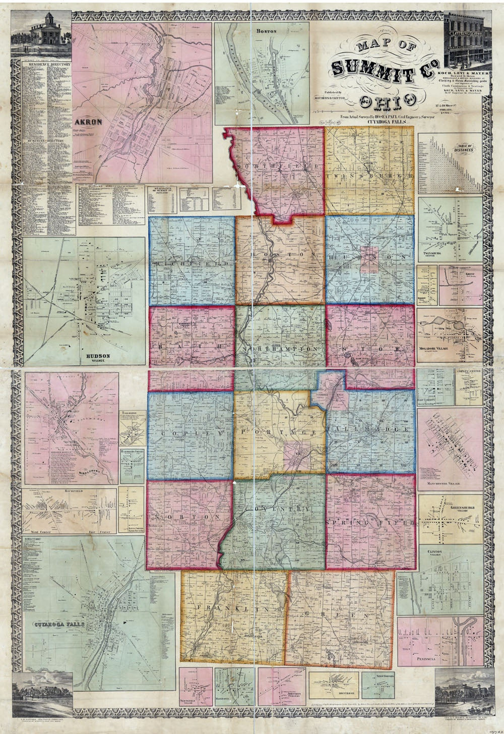 1856 Farm Line Map of Summit County Ohio Akron