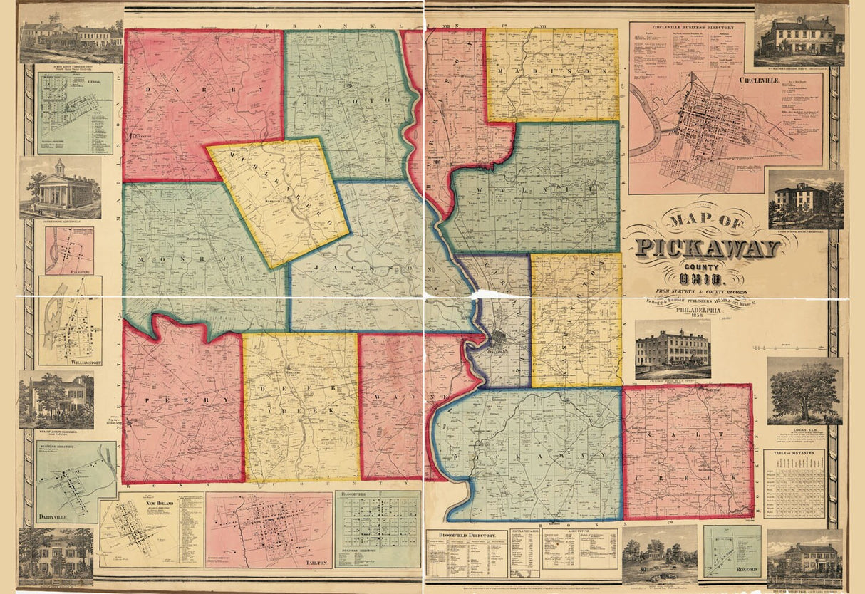 1858 Farm Line Map of Pickaway County Ohio Circleville