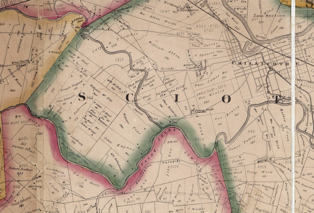 1860 Farm Line Map of Ross County Ohio Bainbridge Chillicothe